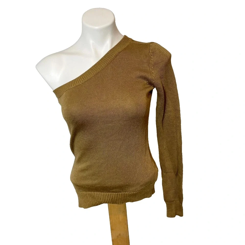 Michael Kors One Shoulder Sleeve Knit Pullover Sweater‎ Brown 2XS Womens Ribbed